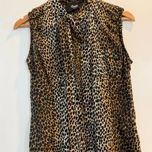 D&G Sleeveless Leopard Print Tie-Neck Blouse - Black & Tan